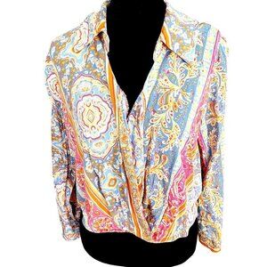 Rachel Zoe Collared Deep V-Neck Plunge Bohemian Paisley Print sz(M)